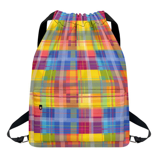Rainbow Plaid Pattern Print Drawstring Backpack