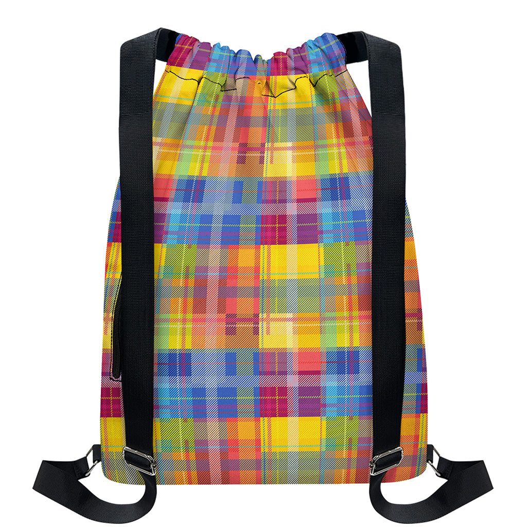 Rainbow Plaid Pattern Print Drawstring Backpack