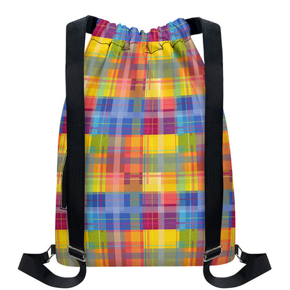 Rainbow Plaid Pattern Print Drawstring Backpack
