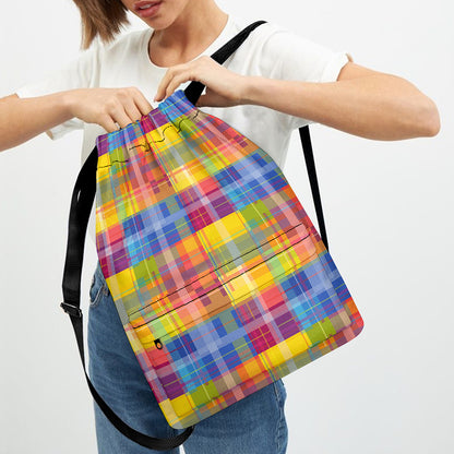 Rainbow Plaid Pattern Print Drawstring Backpack