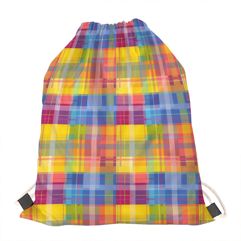 Rainbow Plaid Pattern Print Drawstring Bag