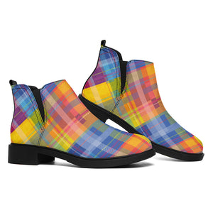 Rainbow Plaid Pattern Print Flat Ankle Boots