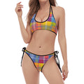 Rainbow Plaid Pattern Print Halter Scoop Tie Side Bikini