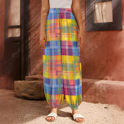 Rainbow Plaid Pattern Print Harem Pants