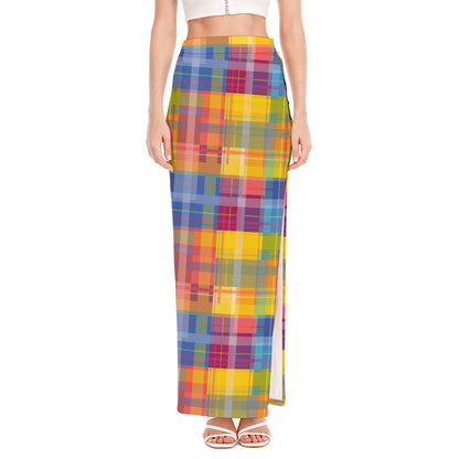 Rainbow Plaid Pattern Print High Slit Maxi Skirt