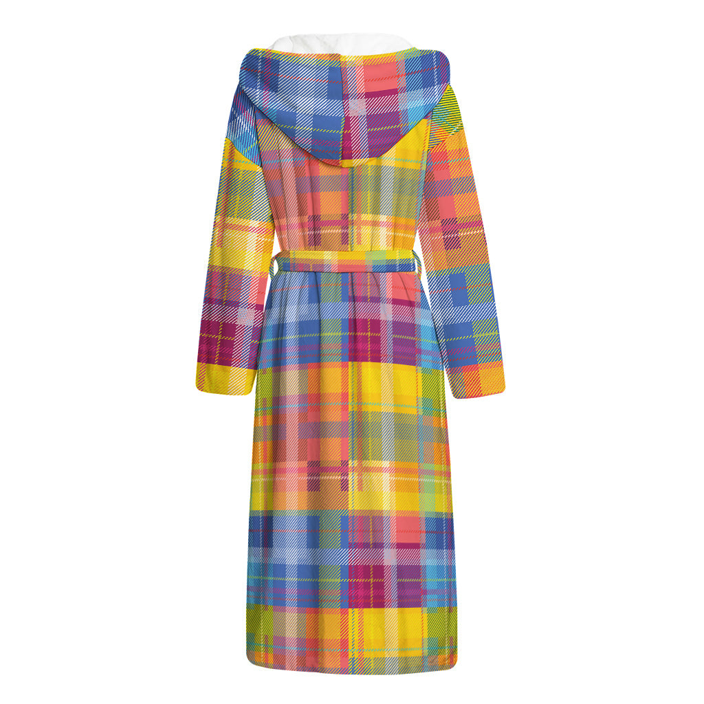 Rainbow Plaid Pattern Print Hooded Bathrobe