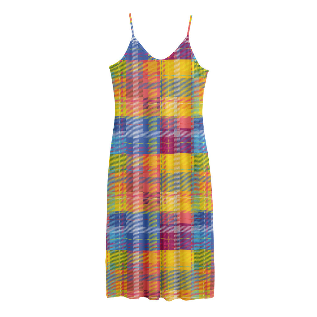 Rainbow Plaid Pattern Print Jersey Midi Cami Dress