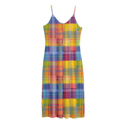 Rainbow Plaid Pattern Print Jersey Midi Cami Dress