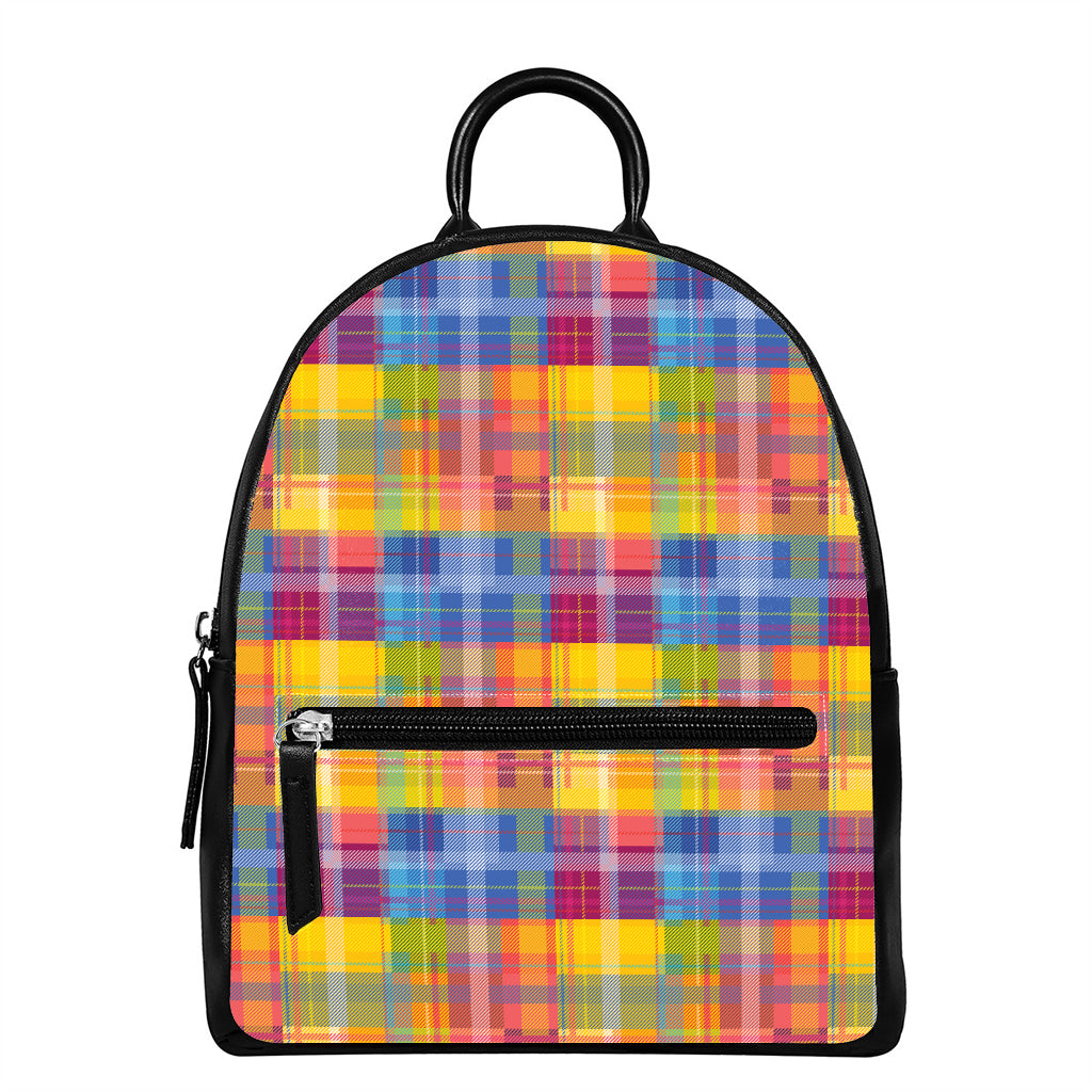 Rainbow Plaid Pattern Print Leather Backpack