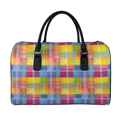 Rainbow Plaid Pattern Print Leather Duffle Bag