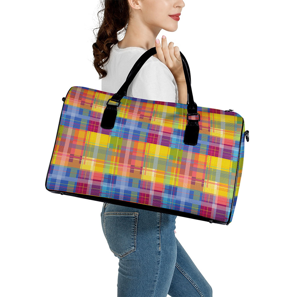 Rainbow Plaid Pattern Print Leather Duffle Bag