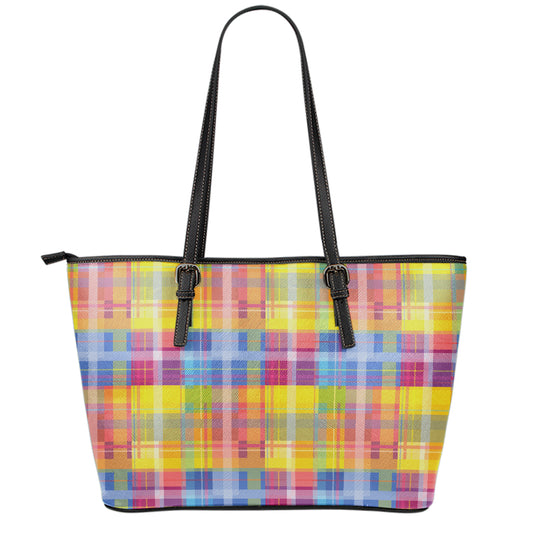 Rainbow Plaid Pattern Print Leather Tote Bag