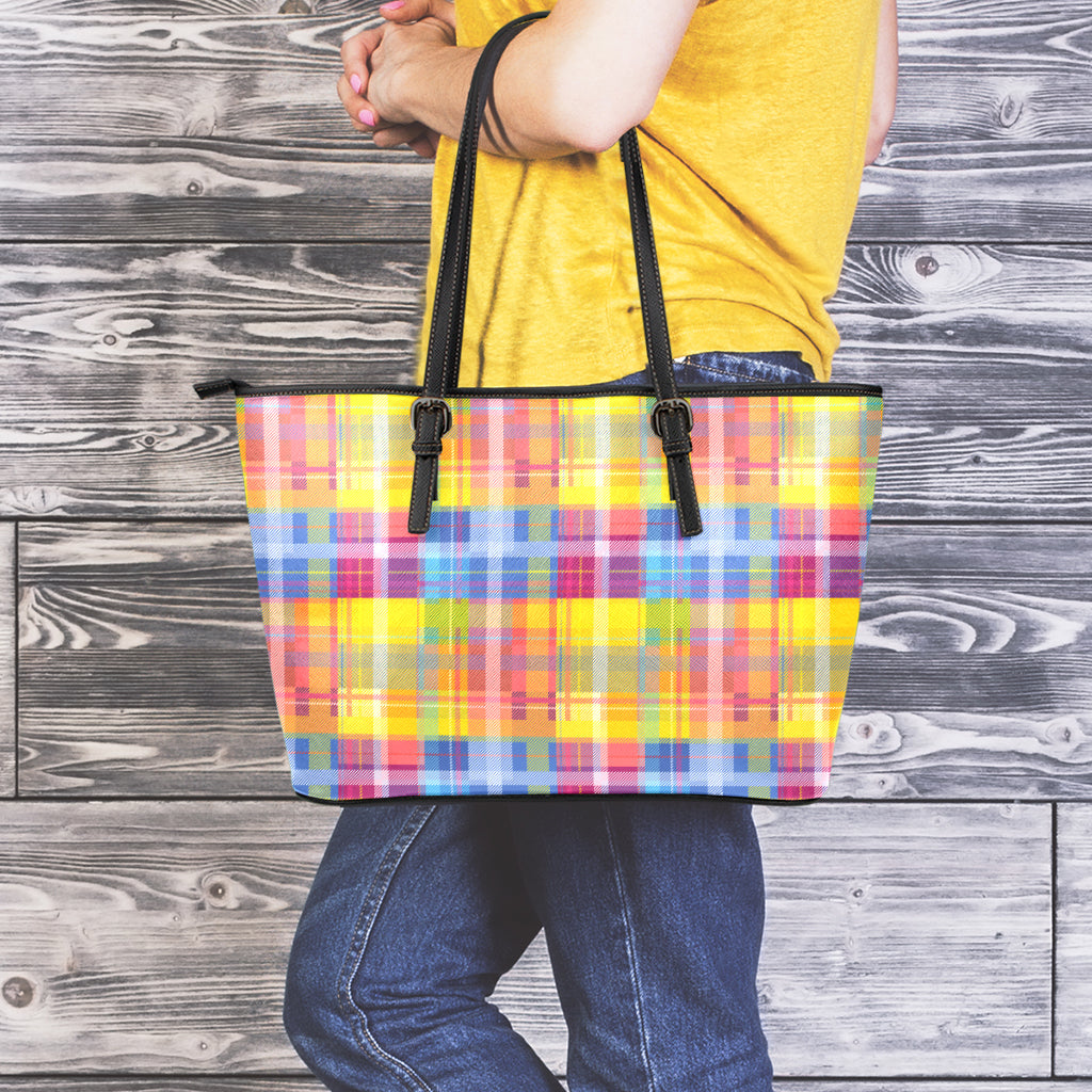 Rainbow Plaid Pattern Print Leather Tote Bag