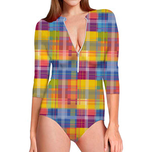 Rainbow Plaid Pattern Print Long Sleeve Swimsuit