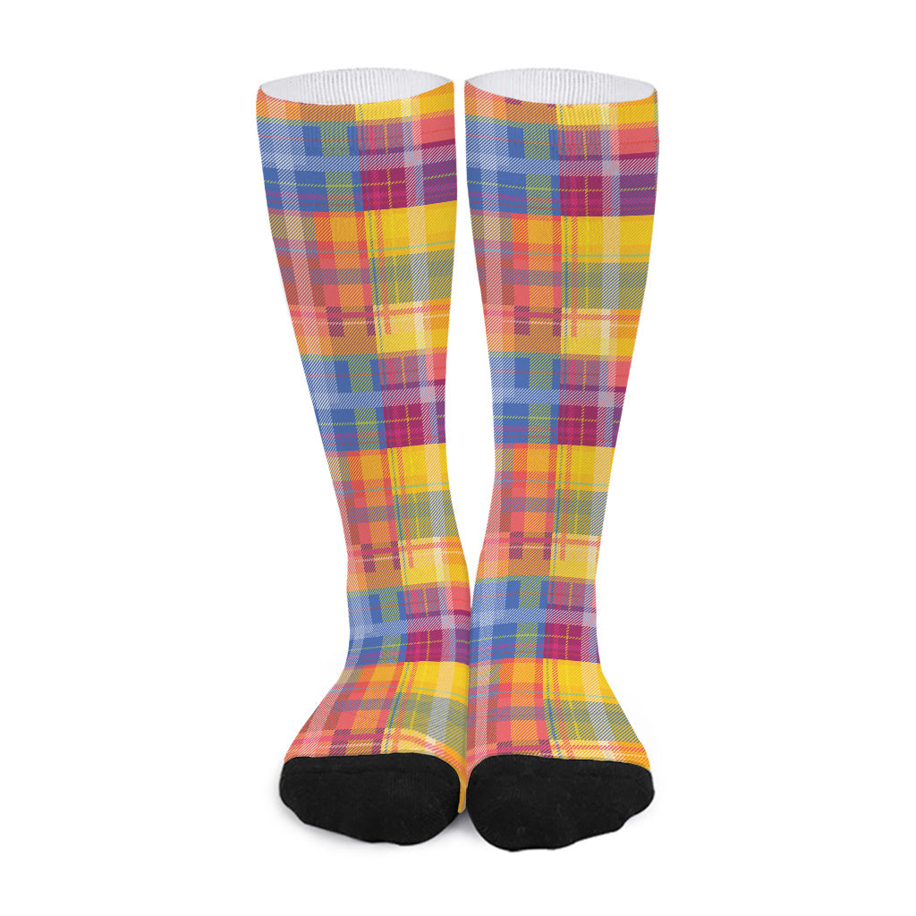 Rainbow Plaid Pattern Print Long Socks