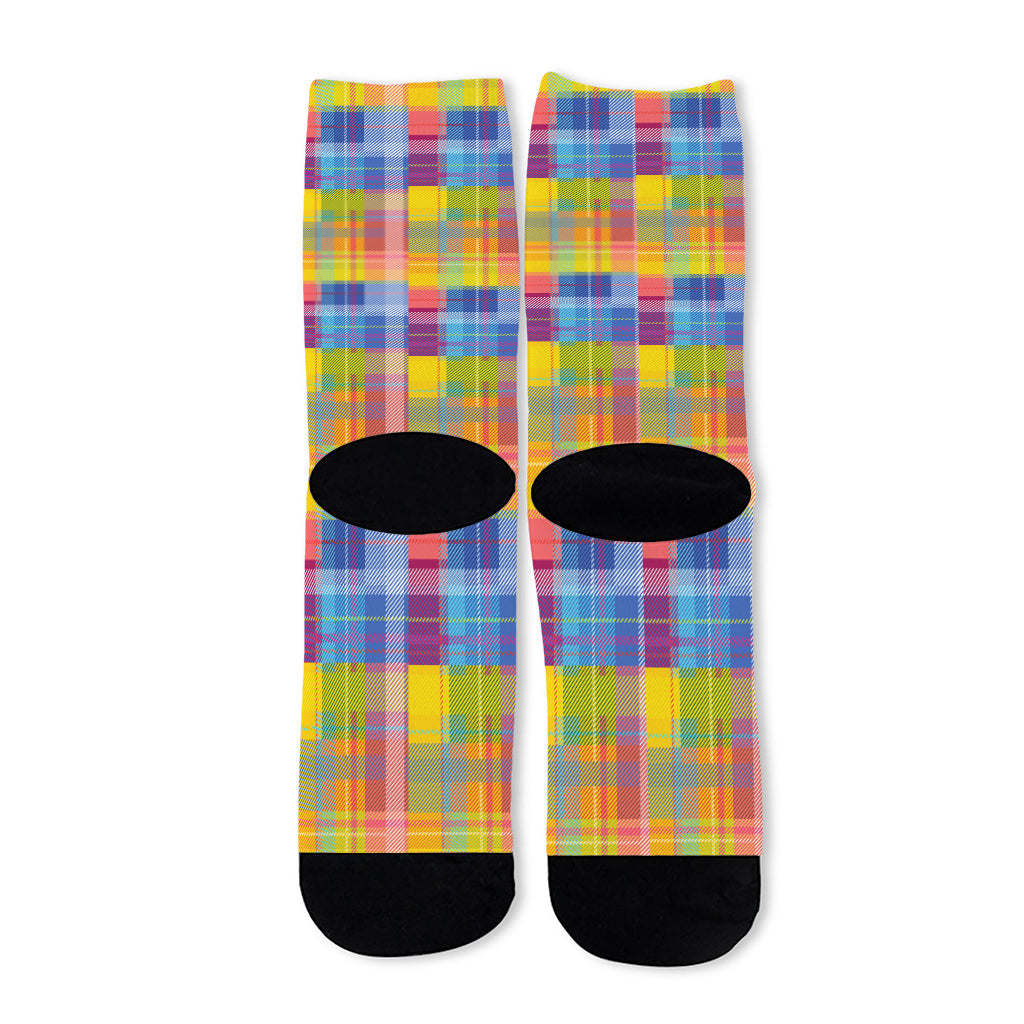Rainbow Plaid Pattern Print Long Socks