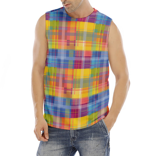 Rainbow Plaid Pattern Print Men's Fitness Tank Top