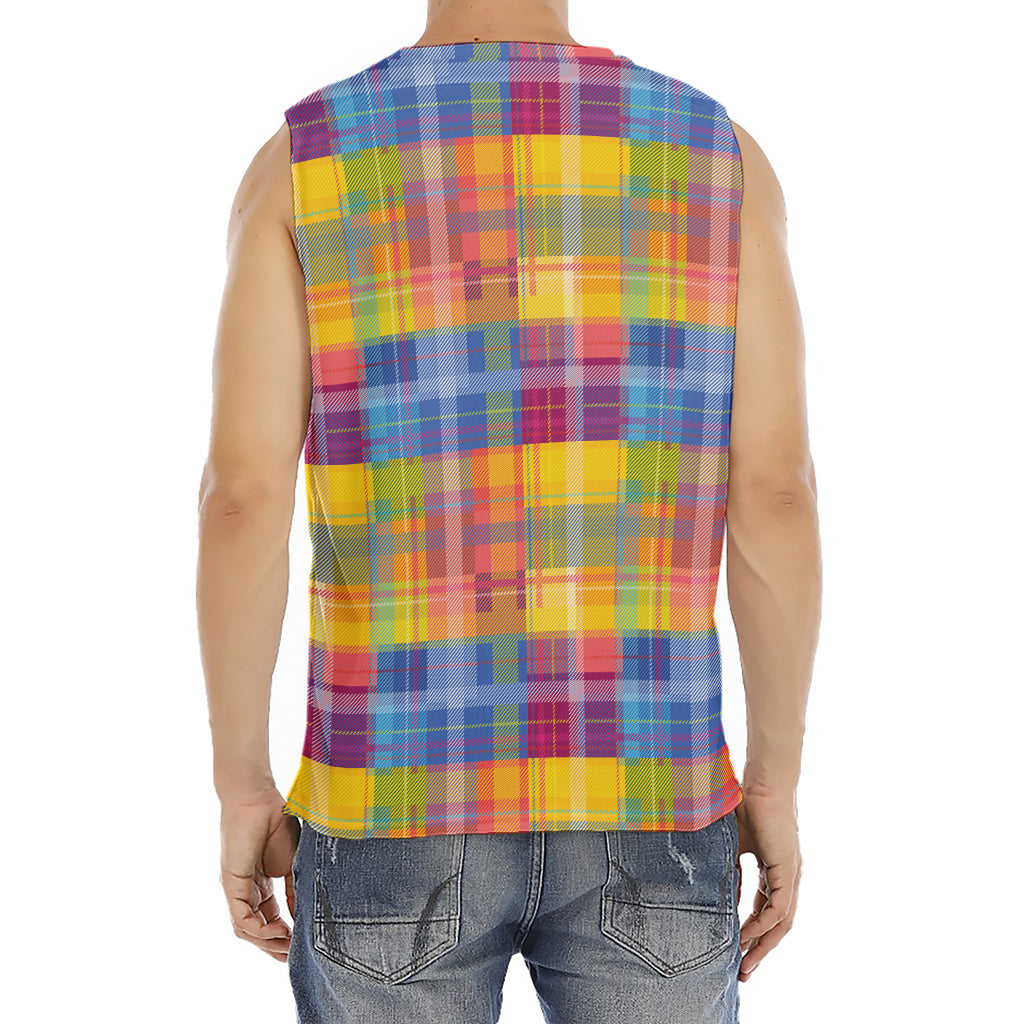 Rainbow Plaid Pattern Print Men's Fitness Tank Top