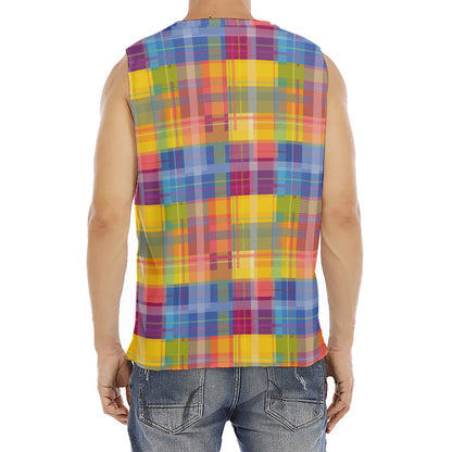 Rainbow Plaid Pattern Print Men's Fitness Tank Top