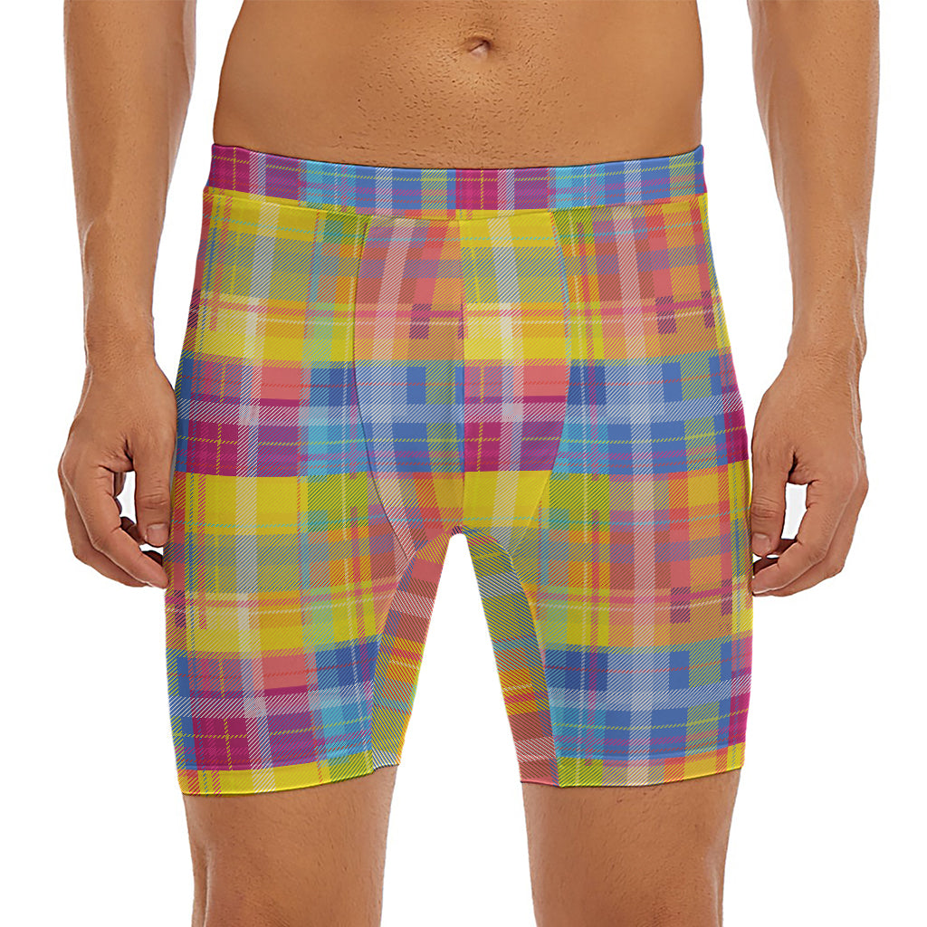 Rainbow Plaid Pattern Print Men's Long Boxer Briefs