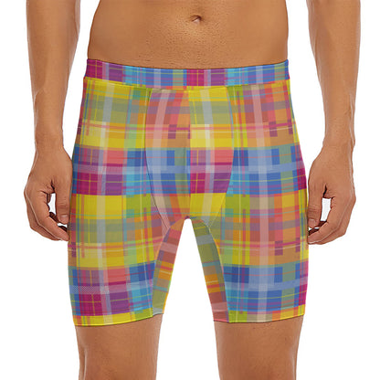 Rainbow Plaid Pattern Print Men's Long Boxer Briefs