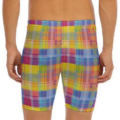 Rainbow Plaid Pattern Print Men's Long Boxer Briefs