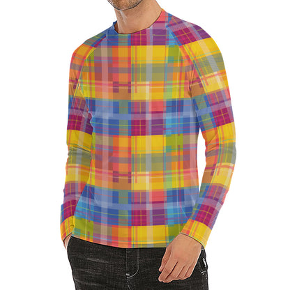 Rainbow Plaid Pattern Print Men's Long Sleeve Rash Guard