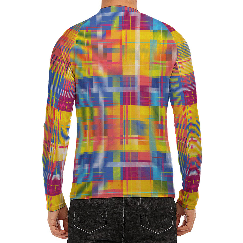 Rainbow Plaid Pattern Print Men's Long Sleeve Rash Guard