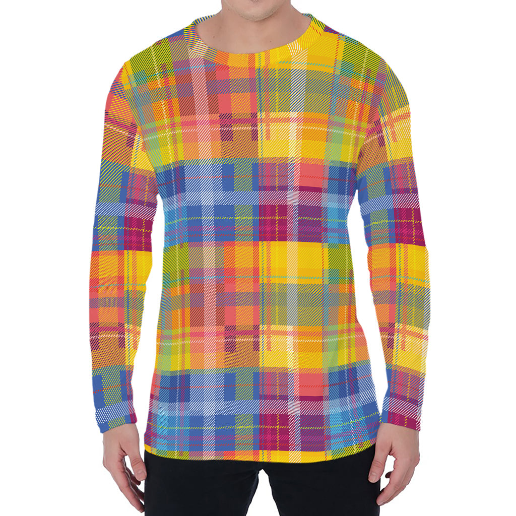 Rainbow Plaid Pattern Print Men's Long Sleeve T-Shirt