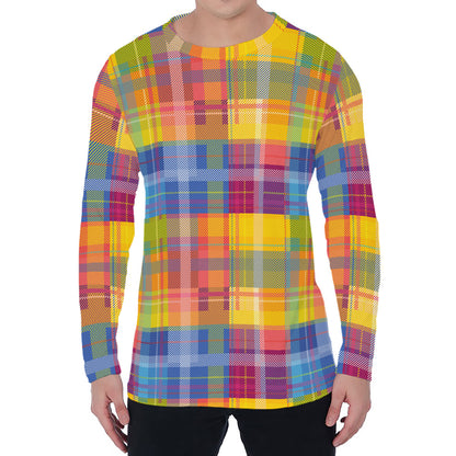 Rainbow Plaid Pattern Print Men's Long Sleeve T-Shirt