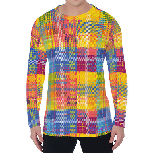 Rainbow Plaid Pattern Print Men's Long Sleeve T-Shirt