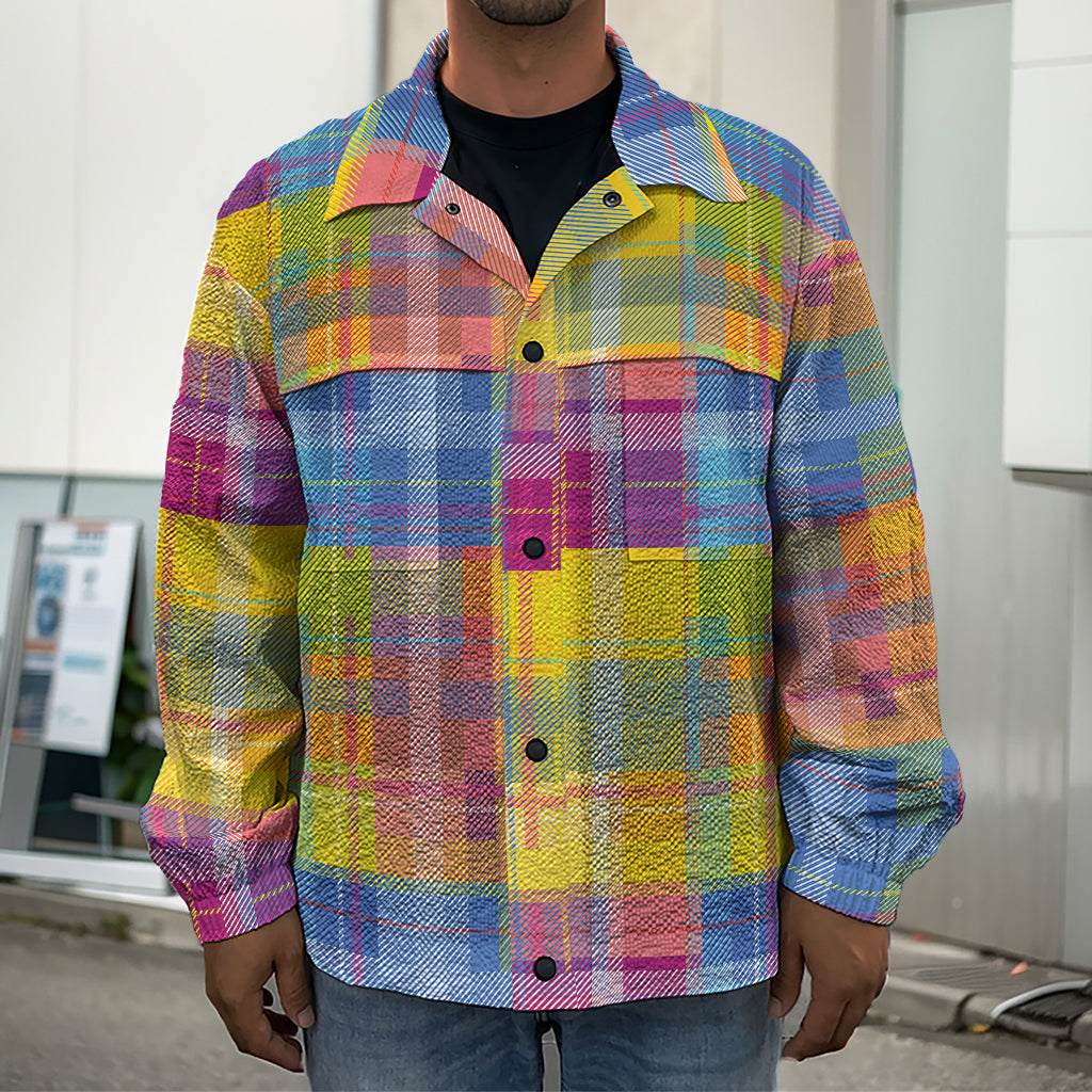 Rainbow Plaid Pattern Print Men's Shirt Jacket