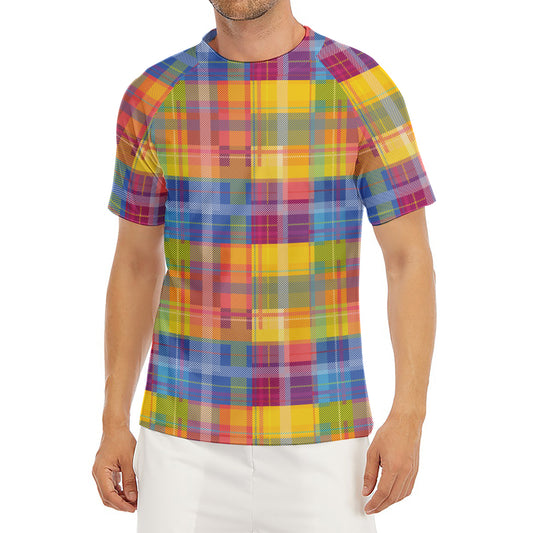 Rainbow Plaid Pattern Print Men's Short Sleeve Rash Guard