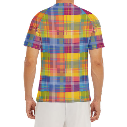 Rainbow Plaid Pattern Print Men's Short Sleeve Rash Guard