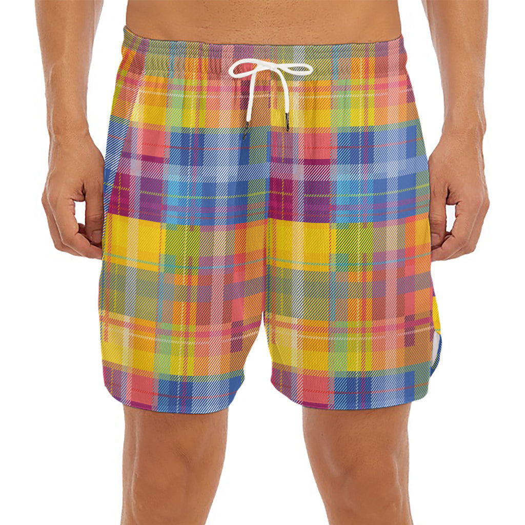Rainbow Plaid Pattern Print Men's Split Running Shorts