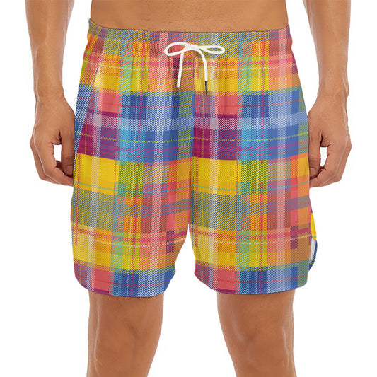 Rainbow Plaid Pattern Print Men's Split Running Shorts