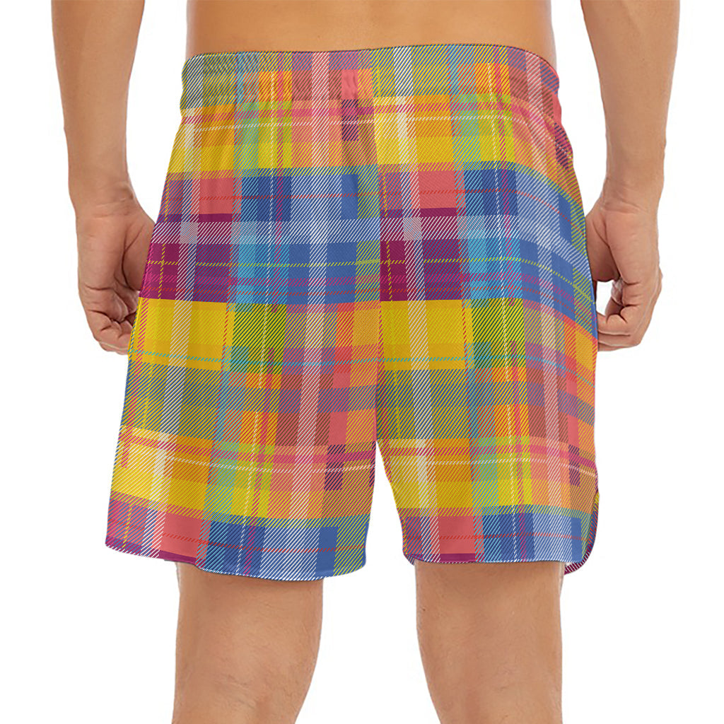 Rainbow Plaid Pattern Print Men's Split Running Shorts