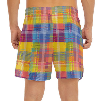 Rainbow Plaid Pattern Print Men's Split Running Shorts