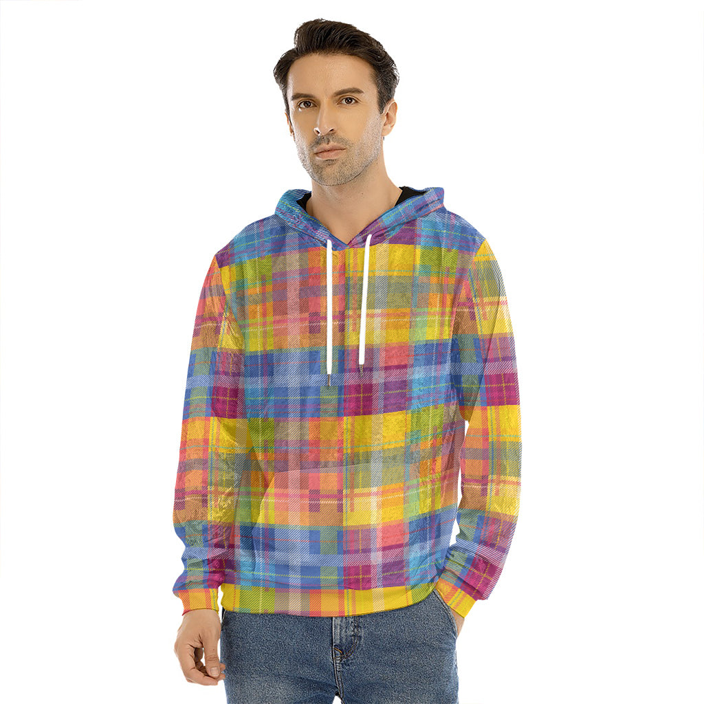 Rainbow Plaid Pattern Print Men's Velvet Pullover Hoodie