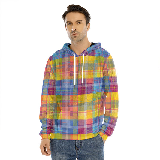 Rainbow Plaid Pattern Print Men's Velvet Pullover Hoodie