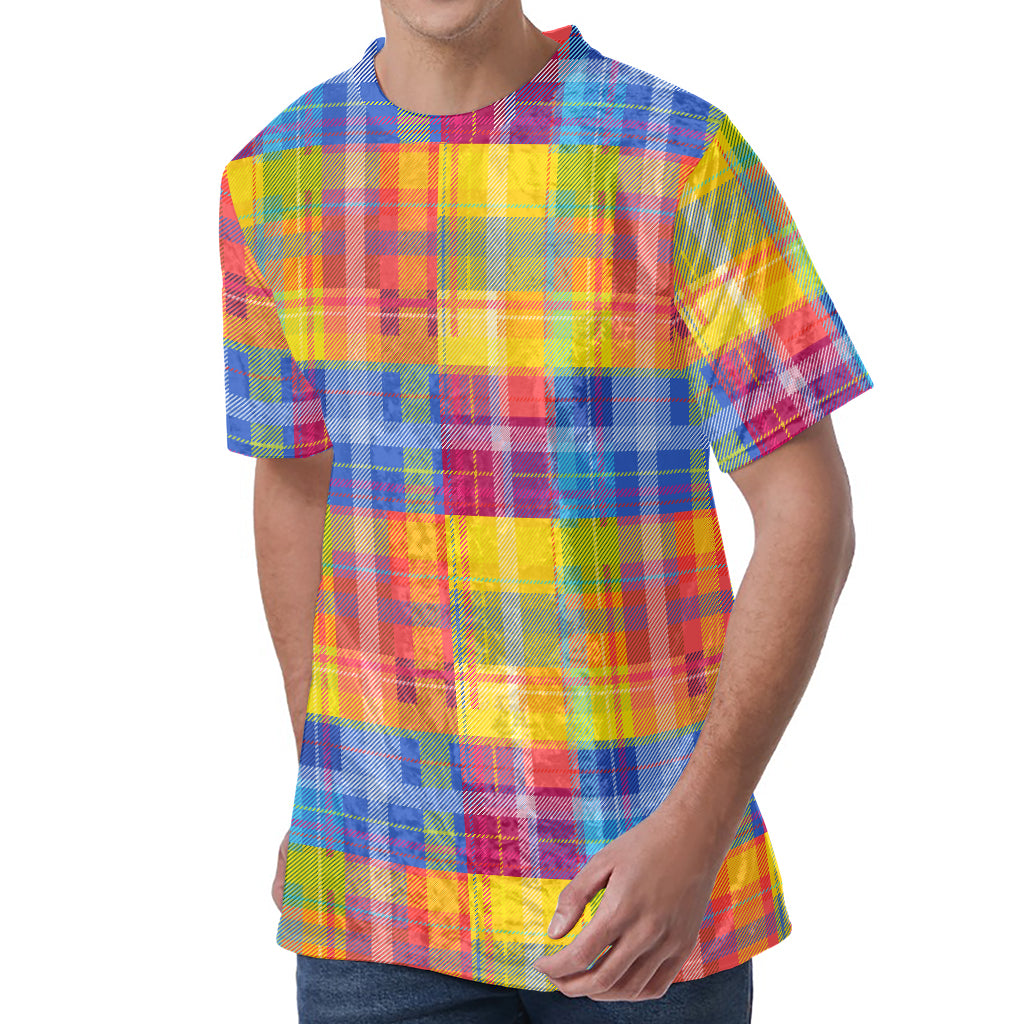 Rainbow Plaid Pattern Print Men's Velvet T-Shirt