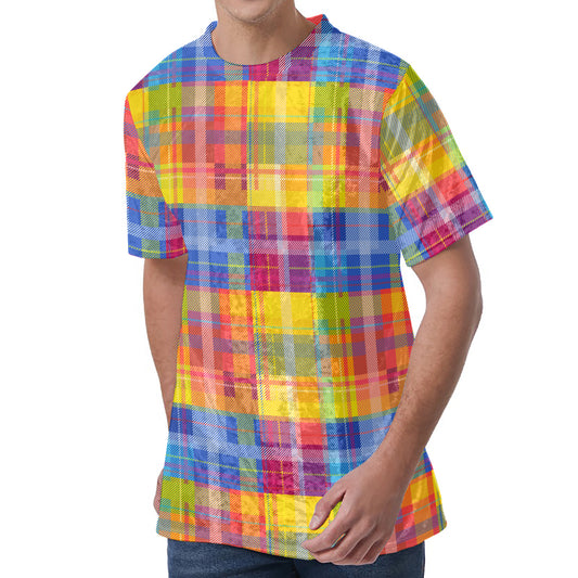 Rainbow Plaid Pattern Print Men's Velvet T-Shirt
