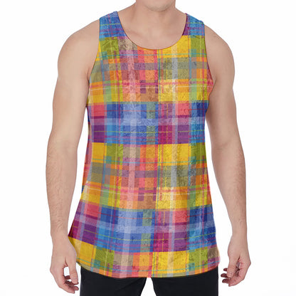 Rainbow Plaid Pattern Print Men's Velvet Tank Top