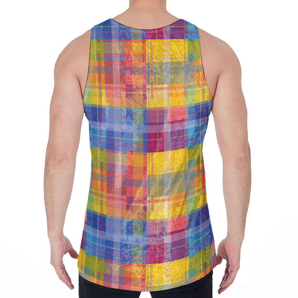 Rainbow Plaid Pattern Print Men's Velvet Tank Top