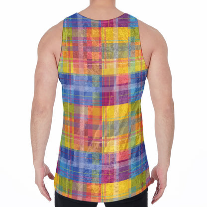 Rainbow Plaid Pattern Print Men's Velvet Tank Top