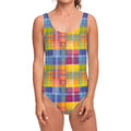 Rainbow Plaid Pattern Print One Piece Swimsuit