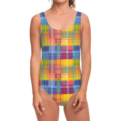 Rainbow Plaid Pattern Print One Piece Swimsuit