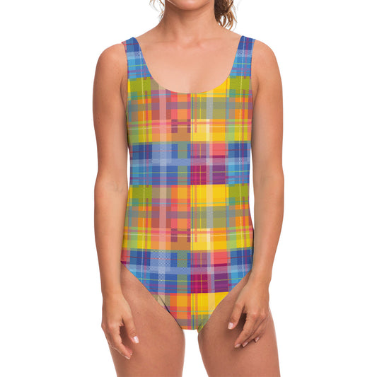 Rainbow Plaid Pattern Print One Piece Swimsuit