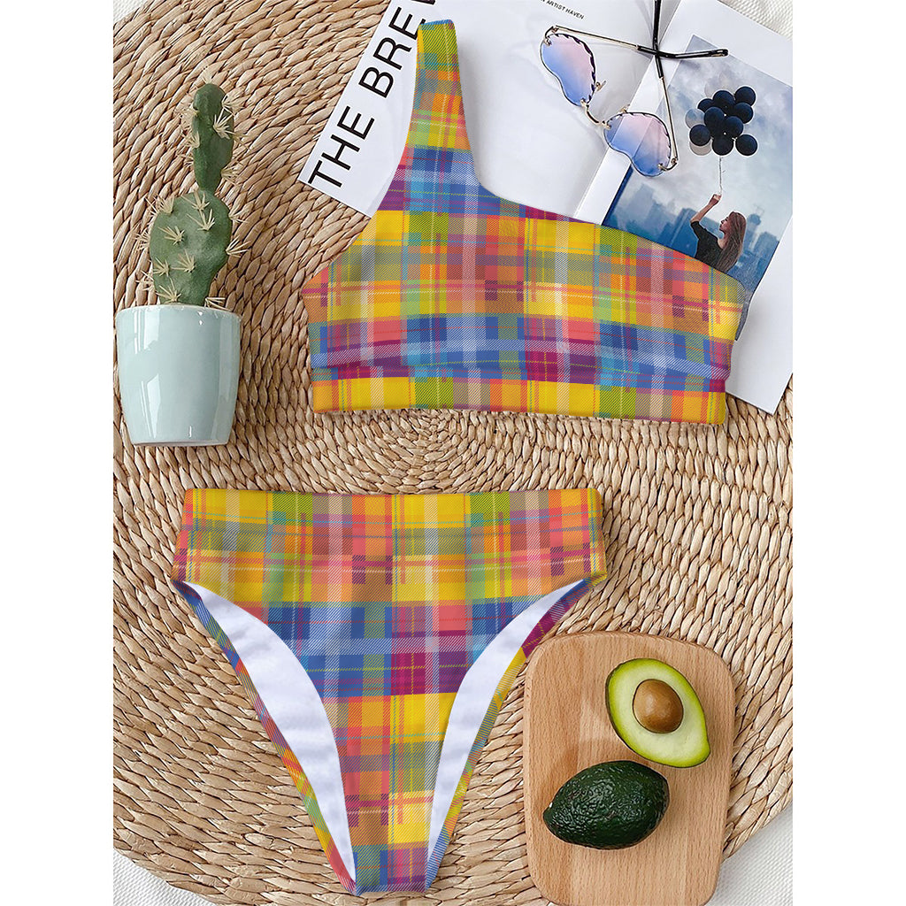 Rainbow Plaid Pattern Print One Shoulder Bikini Top
