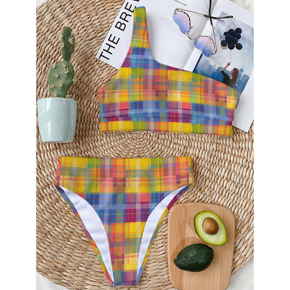 Rainbow Plaid Pattern Print One Shoulder Bikini Top
